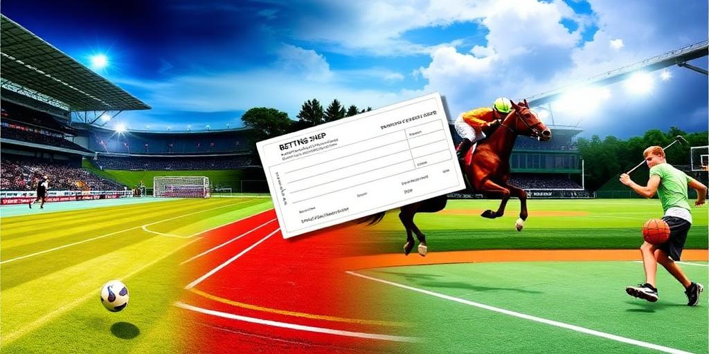 Collage of popular sports for betting including football pitch, horse racing track, tennis court, and golf course