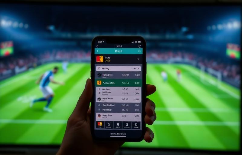 Live betting guide showing mobile phone with in-play betting interface and live football match in background